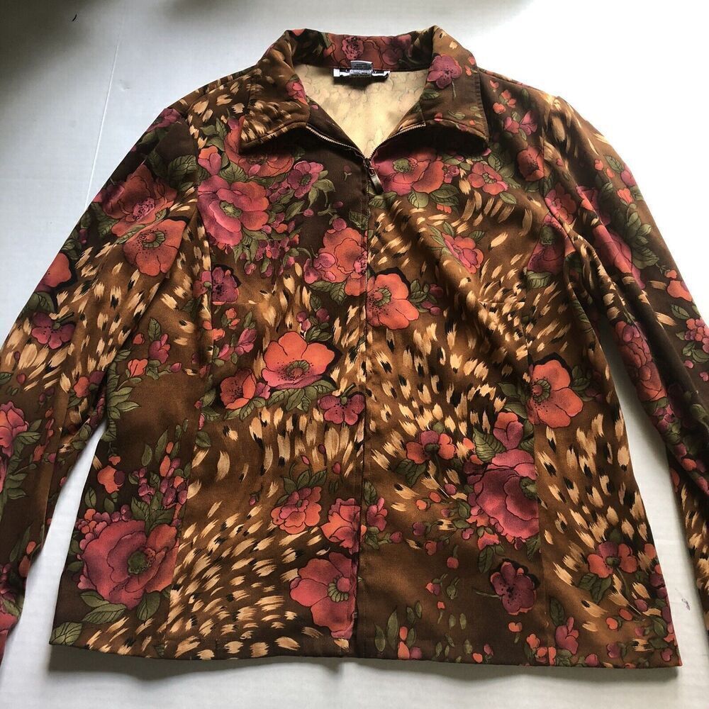 Leslie Fay Brown Pink Floral Zip Front Collared Jacket Women’s Sz L A932
